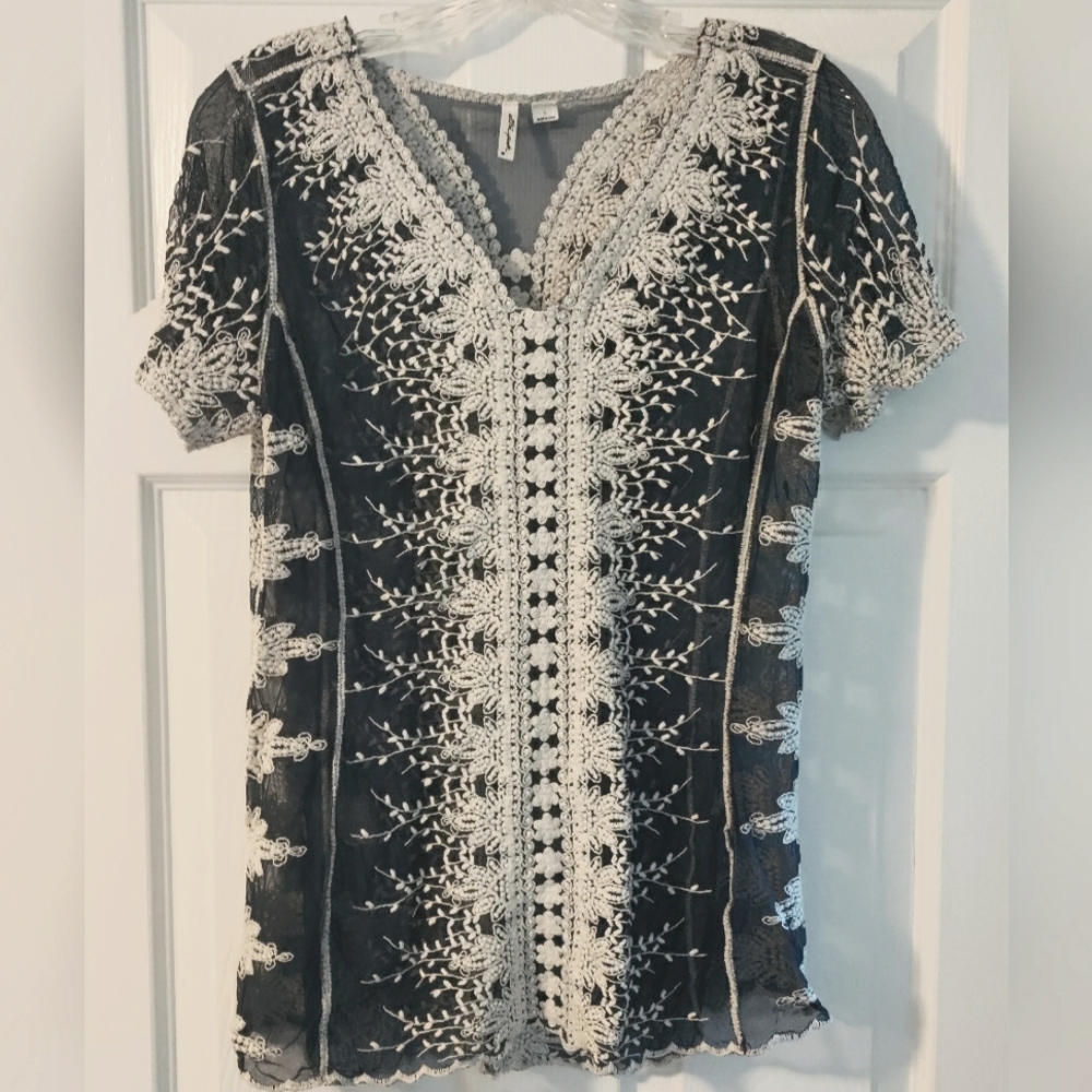 Ultra Pink Navy And White Sheer Lace Short Sleeve Top L